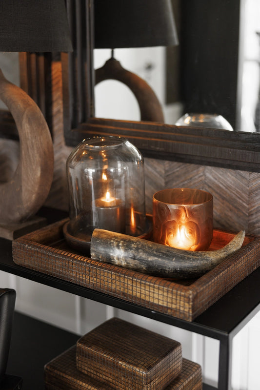 Lama Namur lyslykt glass mørk trebase